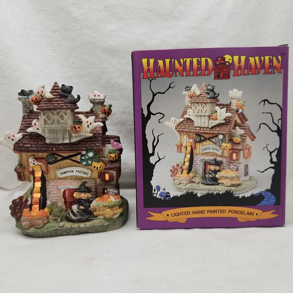 House Pumpkin Factory Lighted Porcelain Haunted Haven Witch Ghost Cat Four Star